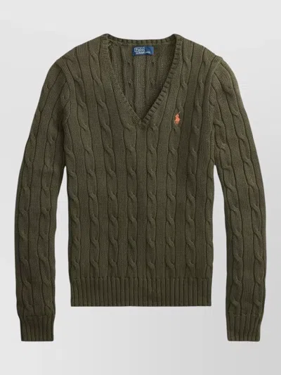 Polo Ralph Lauren Kimberly V Neck Cable Knit Sweater In Green