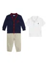 Polo Ralph Lauren Knit Cardigan Trousers Set (set Of Three) In Blue