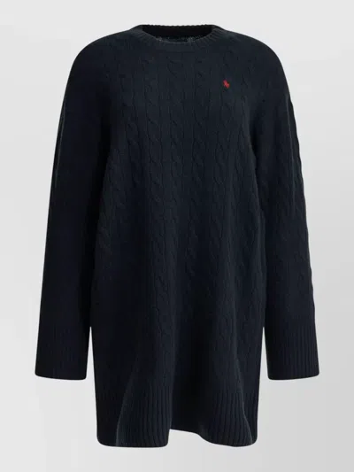 Polo Ralph Lauren Knit Mini Dress Logo Crew Neck In Black
