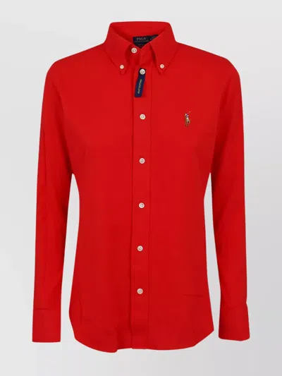 Polo Ralph Lauren Knit Oxford Long Sleeve Shirt With Buttoned Cuffs In Red