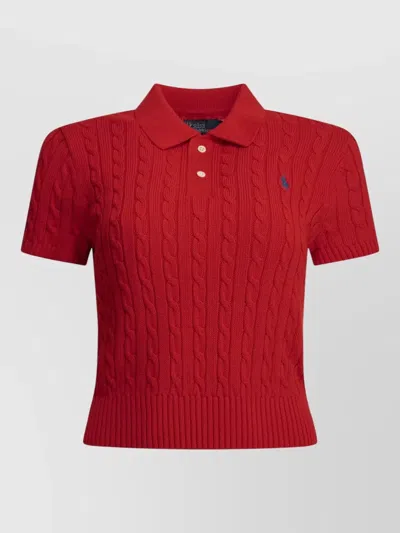 Polo Ralph Lauren Knit Polo Shirt Buttons Cable Pattern In Red