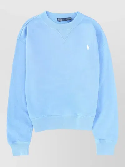 Polo Ralph Lauren Light Blue Cropped Embroidered Cotton-blend Sweatshirt