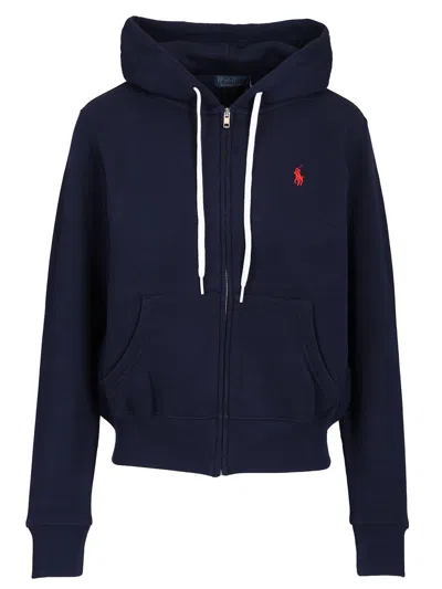 Polo Ralph Lauren Hooded Sweatshirt Zip Front Kangaroo Pockets In Blue