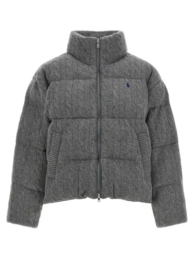 Polo Ralph Lauren Knitted Braided Down Jacket In Gray