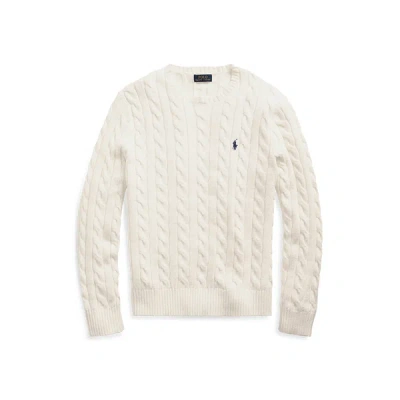 Polo Ralph Lauren White Cable Knit Crewneck Sweater With Pony Embroidery On The Front In Wool And Cashmere Man In Neutral