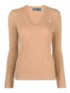Polo Ralph Lauren V Neck Sweater With Braids In Camel