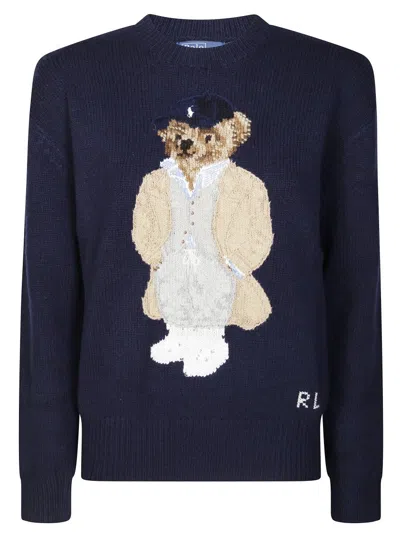 Polo Ralph Lauren Knitted Pullover Sweater With Embroidered Teddy Bear In Blue