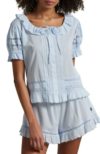 Polo Ralph Lauren Lace Detail Cotton Short Pajamas In Chambray Blue