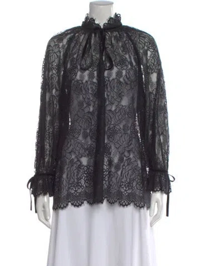 Pre-owned Polo Ralph Lauren Lace Pattern Tie Neck Blouse In Black