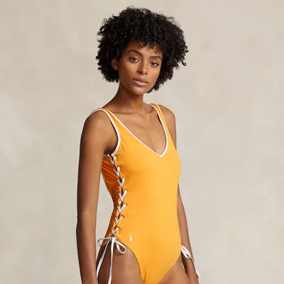 Polo Ralph Lauren Lace-up One-piece Swimsuit In Yellow