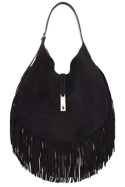 Polo Ralph Lauren Large Fringe Suede Id Shoulder Bag In Black