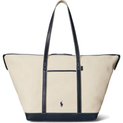 Polo Ralph Lauren Large Leather Trim Canvas Shopper Tote In Multi