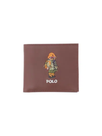 Polo Ralph Lauren Leather Bi-fold Wallet With Embroidered Graphic In Brown