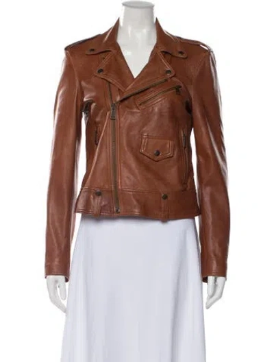 Pre-owned Polo Ralph Lauren Leather Biker Jacket In Brown