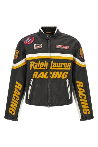 Polo Ralph Lauren Leather Biker Jacket With Patch In Black