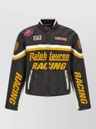Polo Ralph Lauren Leather Biker Jacket With Patches In Black