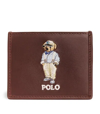 Polo Ralph Lauren Leather Polo Bear Card Holder In Brown