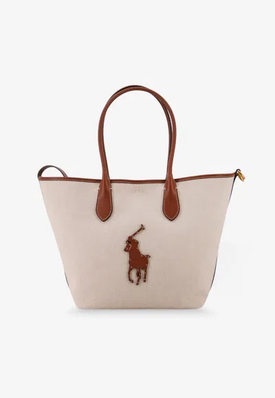 Polo Ralph Lauren Leather Pony Patch Canvas Tote Bag In Sand