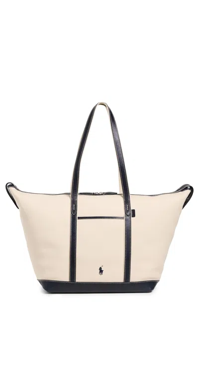 POLO RALPH LAUREN LEATHER TRIM CANVAS LARGE SHOPPER TOTE ECRU/NAVY