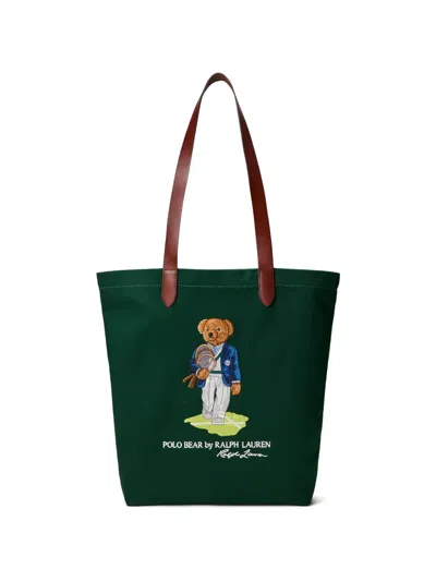Polo Ralph Lauren Leather Trimmed Twill Shopper Tote Bag In Green