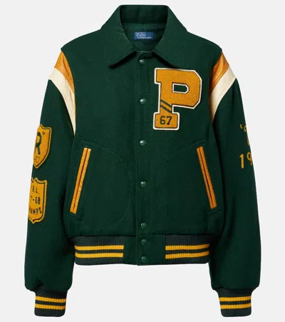 POLO RALPH LAUREN LEATHER-TRIMMED WOOL-BLEND VARSITY JACKET