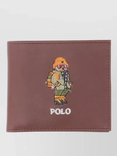 Polo Ralph Lauren Leather Bi-fold Wallet With Embroidered Graphic In Brown