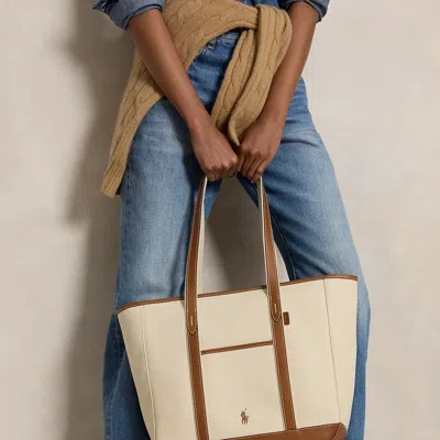 Polo Ralph Lauren Leather-trim Canvas Medium Shopper Tote In Ecru/cuoio