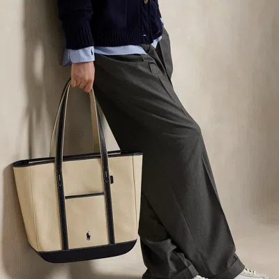 Polo Ralph Lauren Leather-trim Canvas Medium Shopper Tote In Ecru/navy