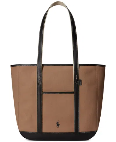 Polo Ralph Lauren Leather-trim Canvas Medium Shopper Tote In Brown