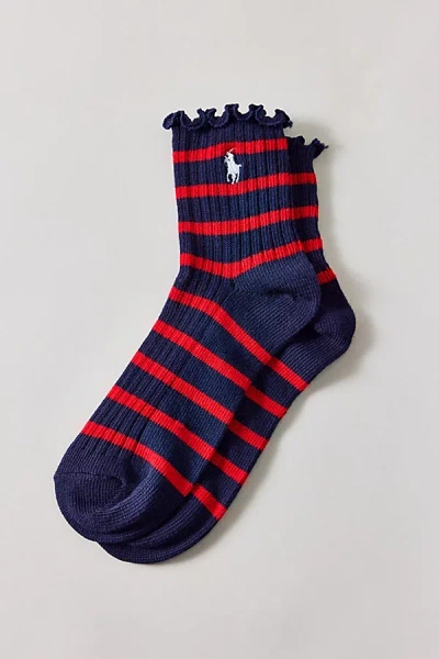 Polo Ralph Lauren Lettuce Edge Ankle Sock In Navy, Women's At Urban Outfitters In Blue
