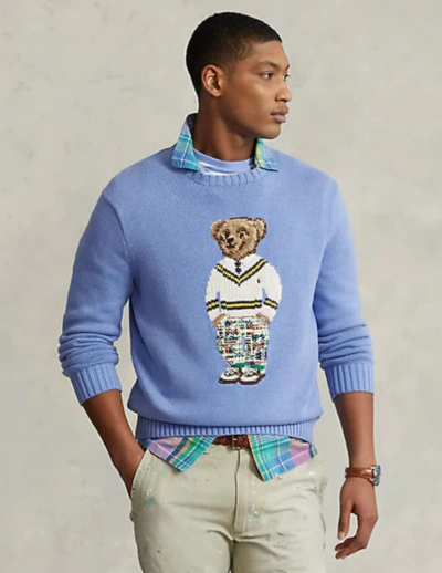 Pre-owned Polo Ralph Lauren Light Blue Hamptons Bear 100% Cotton Knit Crewneck Sweater