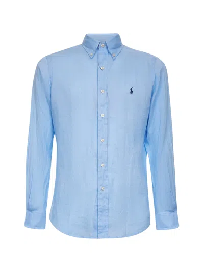POLO RALPH LAUREN LIGHT BLUE LINEN CUSTOM-FIT SHIRT