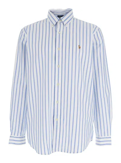 Polo Ralph Lauren Light Blue Shirt With Cavallino Embroidery On The Front And Striped Motif In Cotton Man