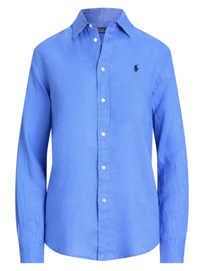 Polo Ralph Lauren Light-blue Shirt With Pony Detail On The Front In Linen Woman In Clear Blue