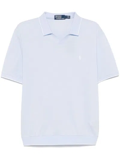 Polo Ralph Lauren Light Blue Short-sleeved Polo With Ribbed V-neck And Polo Collar
