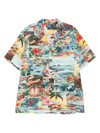 Polo Ralph Lauren Light Blue Short-sleeved Shirt With Tropical Print In Multi