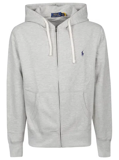 Polo Ralph Lauren Light Grey Full Zip Hooded Cotton-blend Sweatshirt In Gray