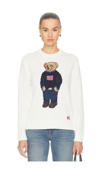 Polo Ralph Lauren Linen Bear Sweater Long Sleeve Pullover In Deckwash White Multi