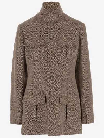 Polo Ralph Lauren Linen-blend Jacket With Stand-up Collar In Gray