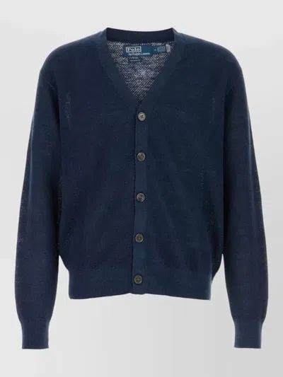 Polo Ralph Lauren Linen Cardigan V Neckline Long Sleeves In Blue