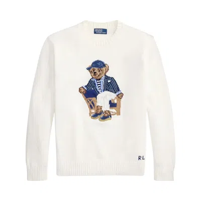 Pre-owned Polo Ralph Lauren Linen Cotton Novelty Newport Bear Crewneck Sweater 'deckwash White' | Men's Size M