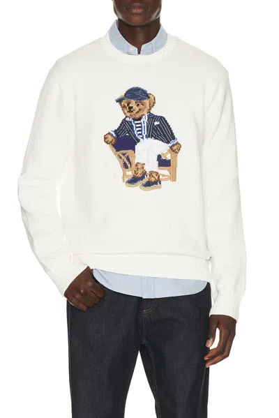 Polo Ralph Lauren Linen Cotton Novelty Newport Bear Crewneck Sweater In White