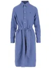 Polo Ralph Lauren Linen Dress With Classic Collar And Adjustable Waist In Blue