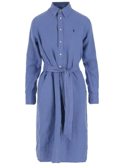 Polo Ralph Lauren Linen Dress With Classic Collar And Adjustable Waist In Blue