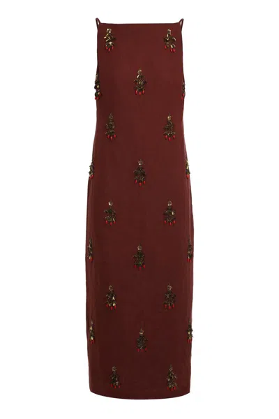 Polo Ralph Lauren Linen Dress With Pearls In Burgundy