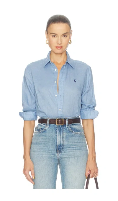 Polo Ralph Lauren Linen Long Sleeve Button Front Shirt In Blue