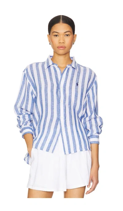 Polo Ralph Lauren Linen Long Sleeve Shirt In 4567a Blue/white