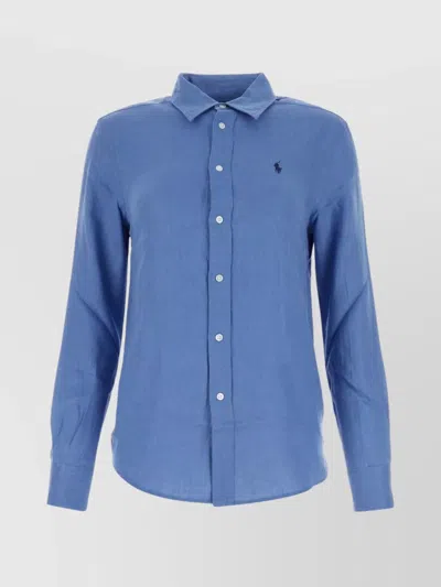 Polo Ralph Lauren Linen Shirt With Button-down Collar And Curved Hem In Blue