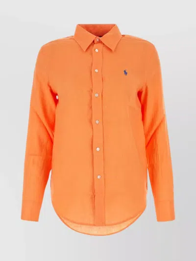 Polo Ralph Lauren Linen Shirt With Cuffed Sleeves And Curved Hem In Orange