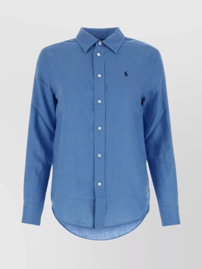 Polo Ralph Lauren Linen Shirt With Curved Hem And Button-down Collar In Blue